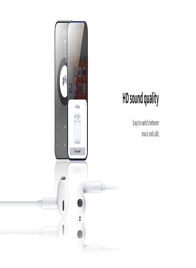 White wired Lightning earphones with inline remote and cable, earbuds shown from side