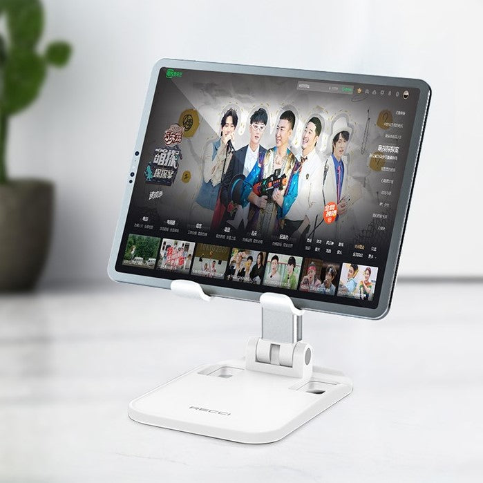 Desktop tablet stand with adjustable holder and wide white base