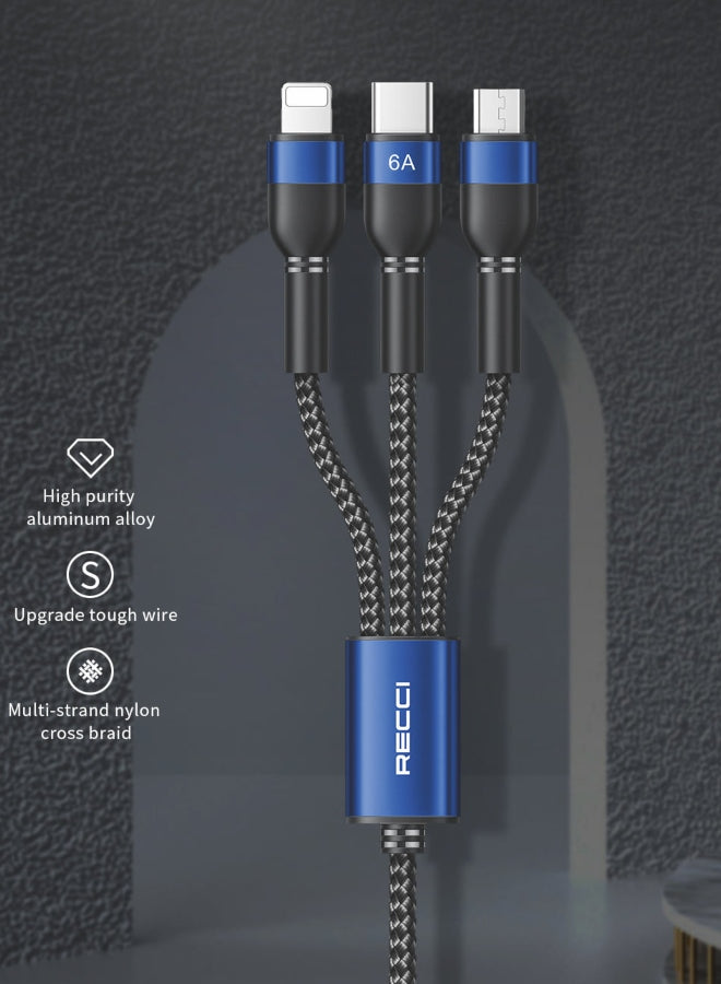 3-in-1 cable connectors: Type-C, Lightning, Micro; blue 6A marking; braided