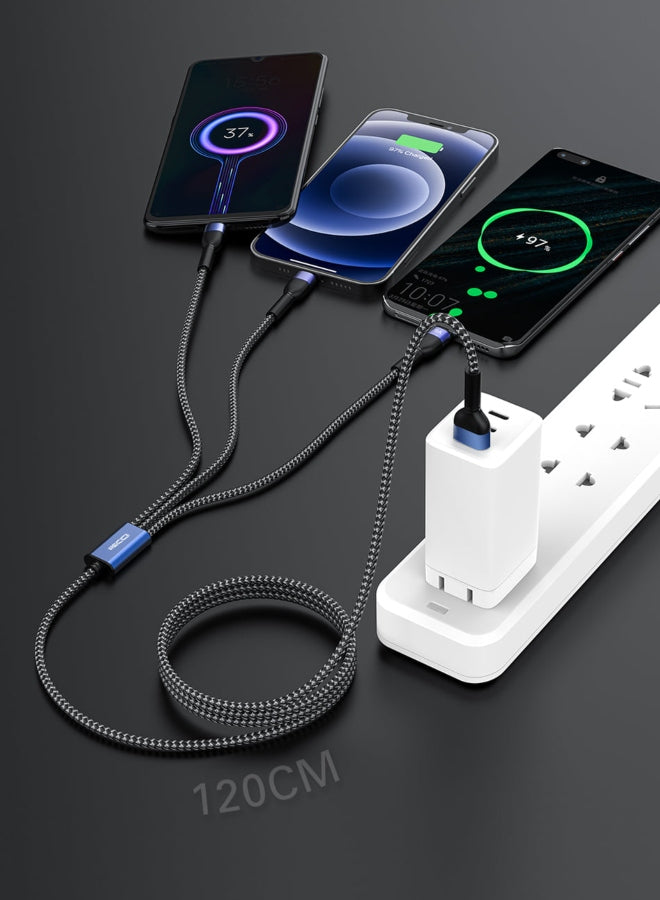 3-in-1 charging cable connected to phones; Type-C, Lightning, and Micro plugs