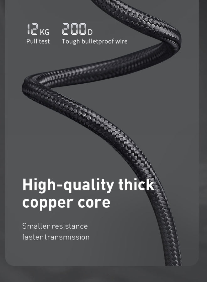 Black braided cable close-up, thick woven jacket with reinforced strain relief