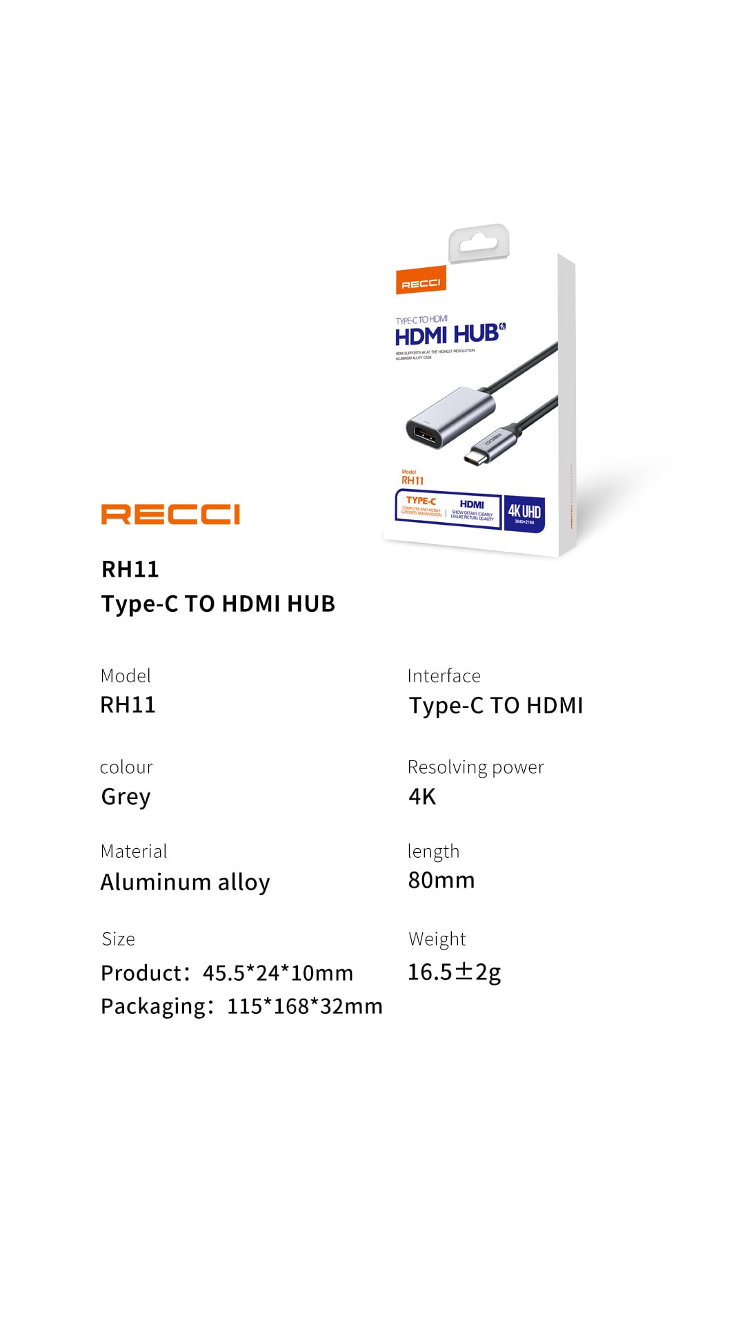 Recci Convert Type-C To  HDMI  HUB RH11 - Trust Egypt