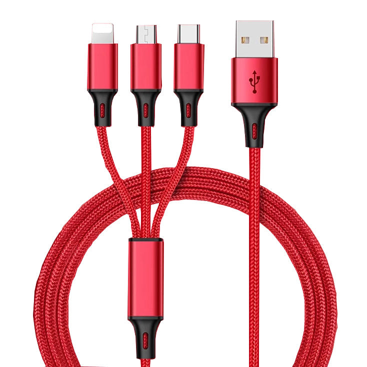 Red 3-in-1 USB data cable with three braided connectors and USB-A plug ends