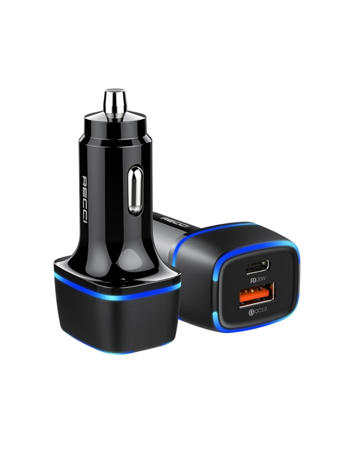 RQ02 car charger, black dual USB ports with blue LED ring and plug tips