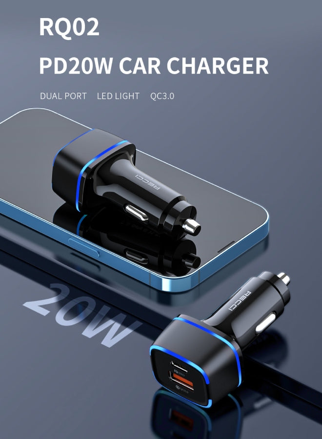 RQ02 PD20W dual-port car charger with USB-A and USB-C ports, blue accents