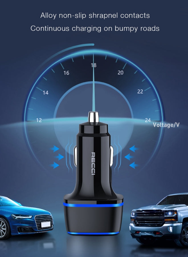 Black car charger with pronged metal plug contacts and blue-lit base ring