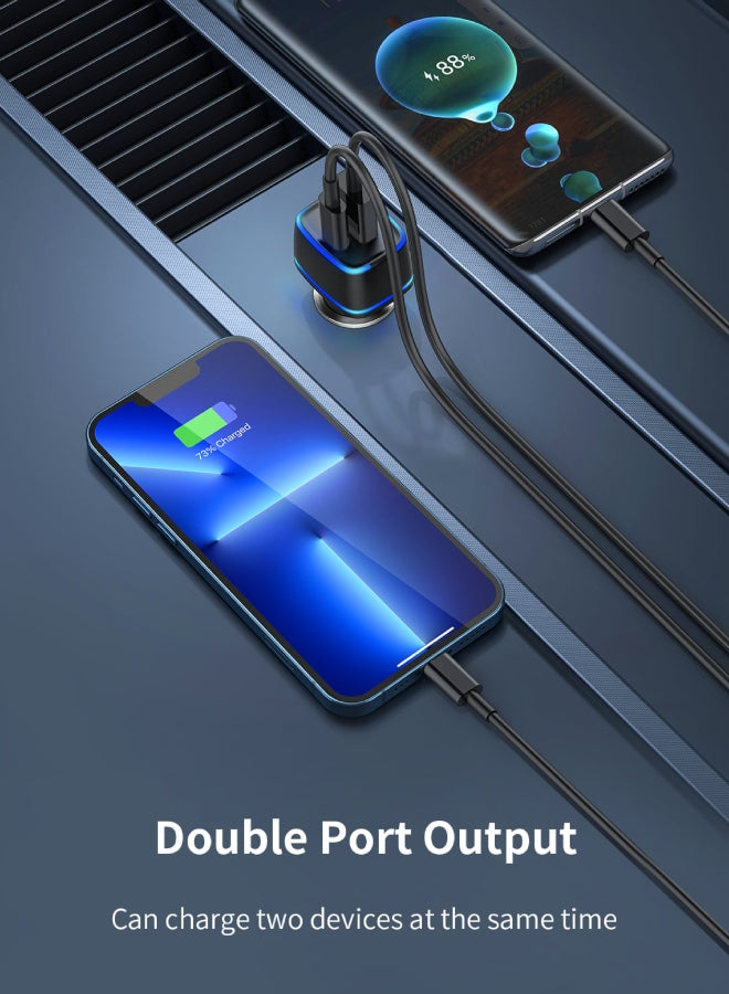 Dual-port car charger with two connected devices charging from the USB ports