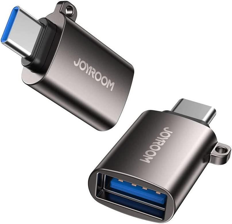 Silver USB 3.0 OTG adapter with Type-C male connector and blue USB-A female port