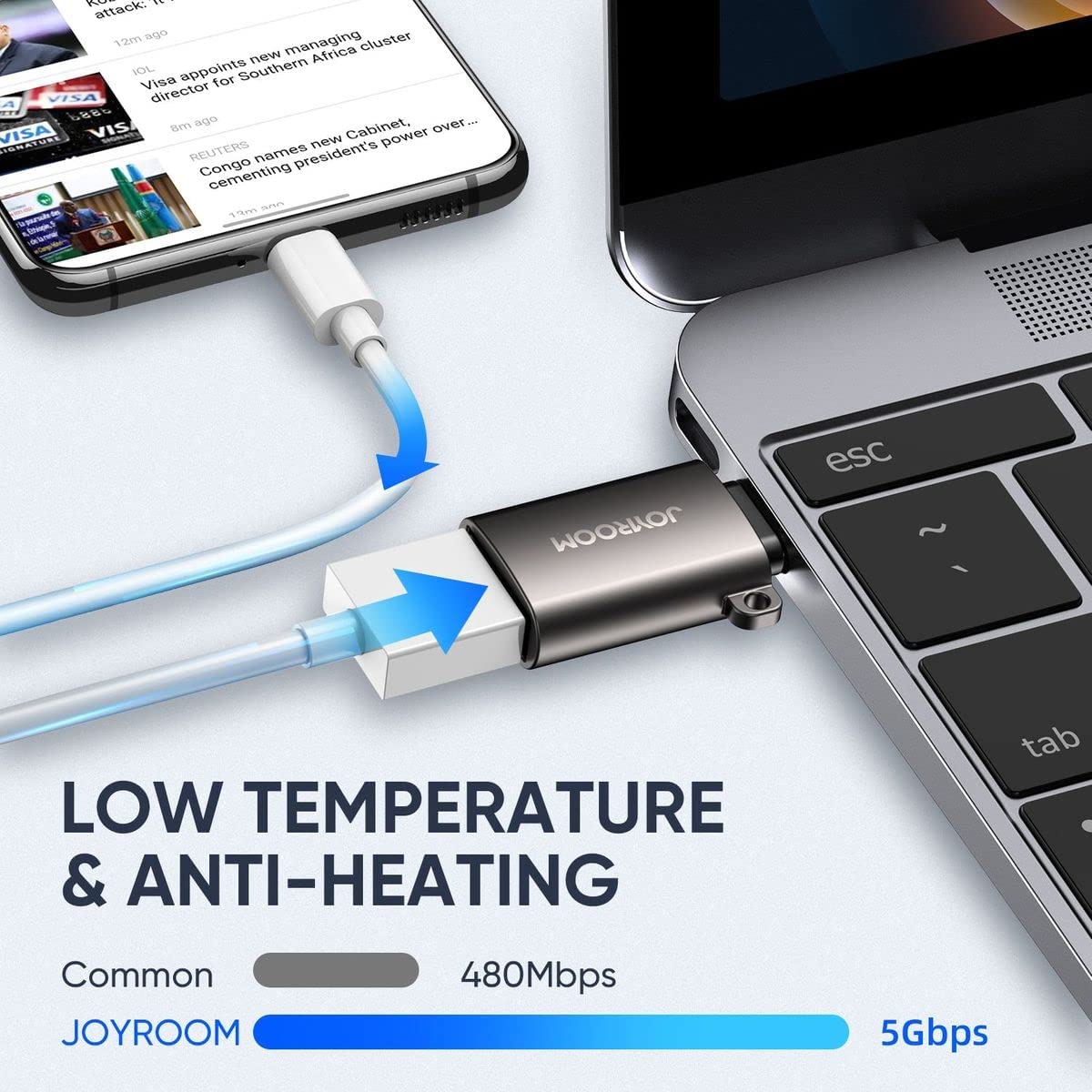 Silver Type-C to USB 3.0 OTG adapter connected inline to a USB device