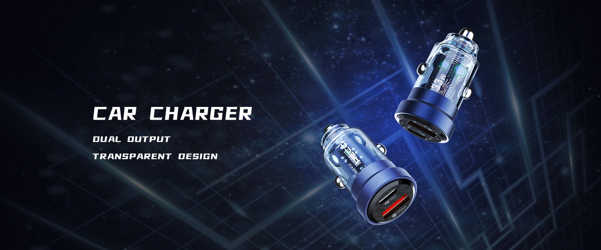 Dual USB car charger with transparent blue body and metal tip