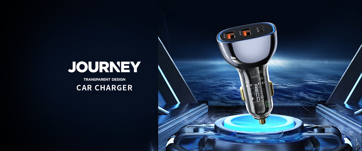 93W car charger with USB-C and dual USB-A ports, mounted in car socket