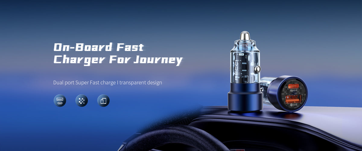 Blue metal car charger with compact round USB port