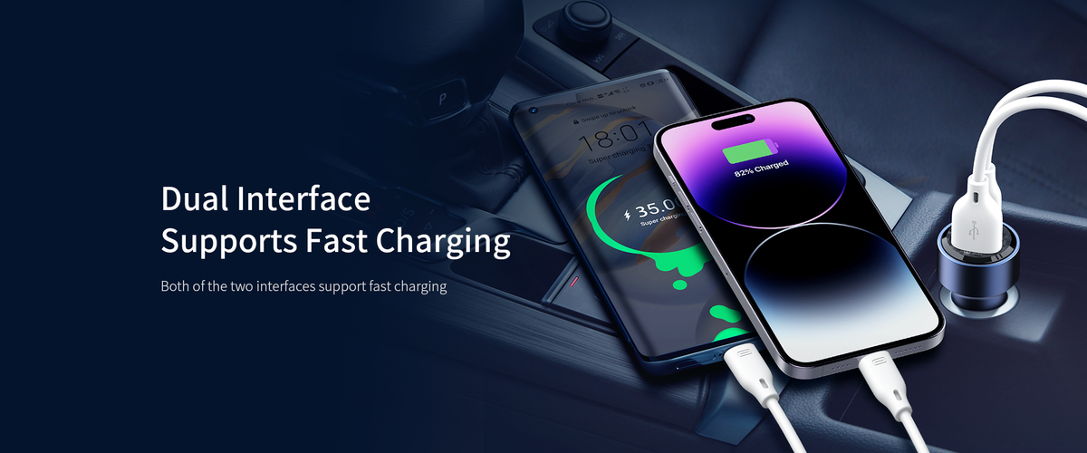 Blue car charger charging two devices via dual interface fast charging