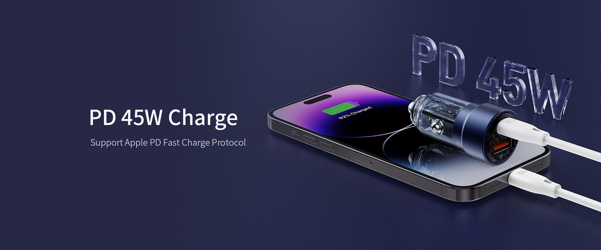 Blue car charger showing PD 45W power with USB-C and white cable