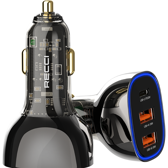 93W car charger with transparent body, USB-C and dual USB-A ports, gold accents