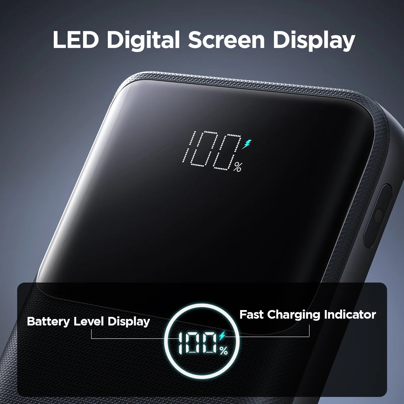 Black power bank with LED battery level display and side port openings