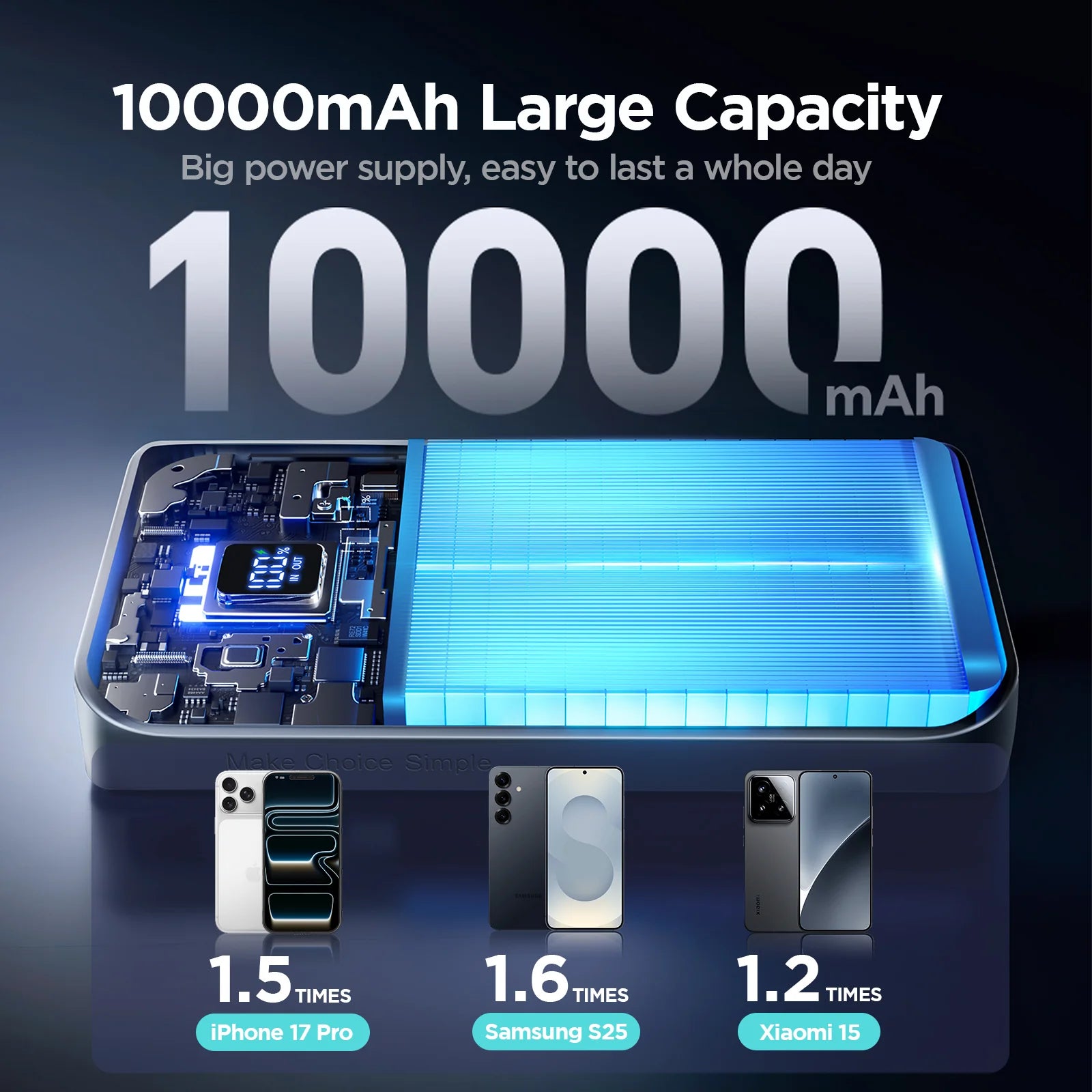 Power bank with internal charging circuitry visible and LED-lit top panel