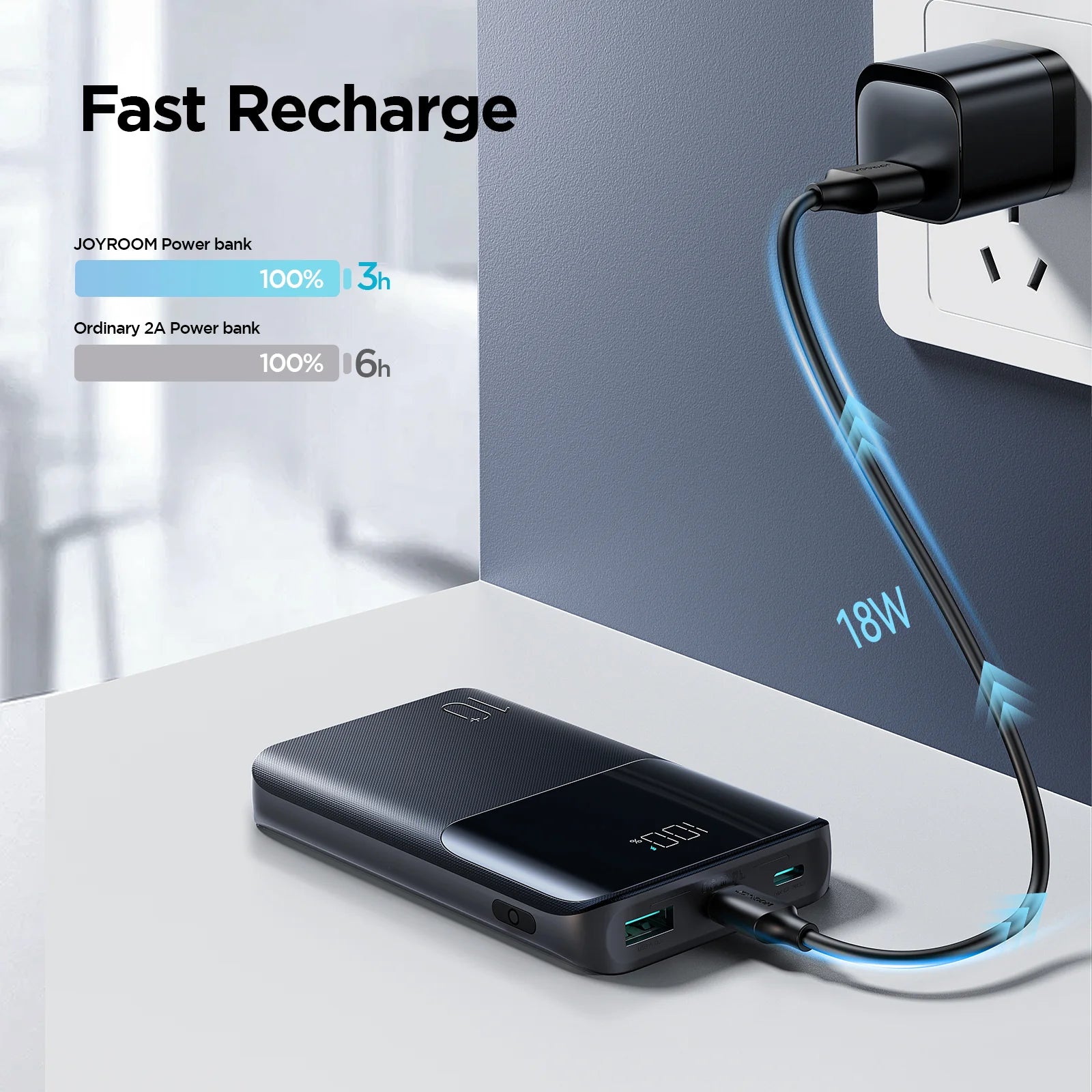 Black power bank with dual USB ports and blue charging indicator light