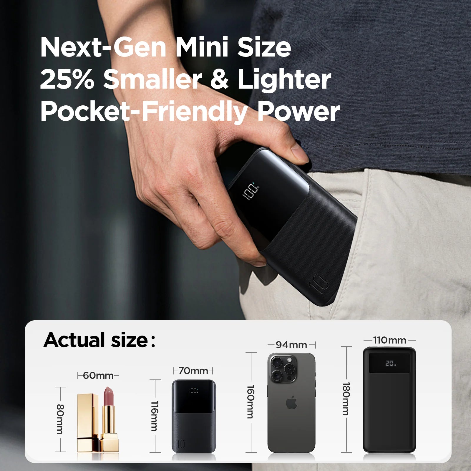 Black slim power bank held in hand with LED battery percentage display