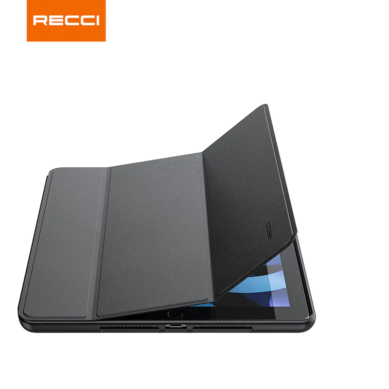 Black folio iPad case with screen cover open, tablet held in landscape
