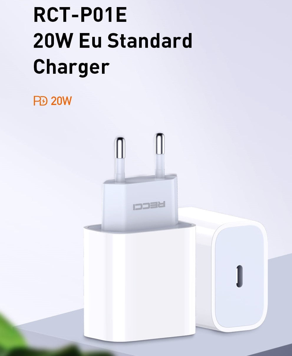 White 20W PD wall charger with two-prong EU plug and Type-C connector.