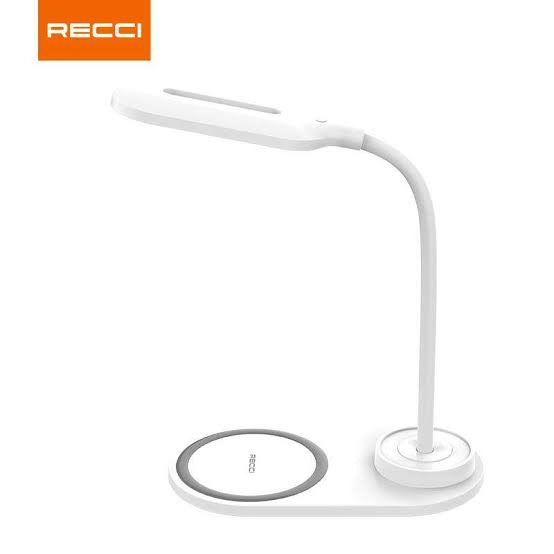White desk lamp with circular wireless charging pad base, slim gooseneck light bar