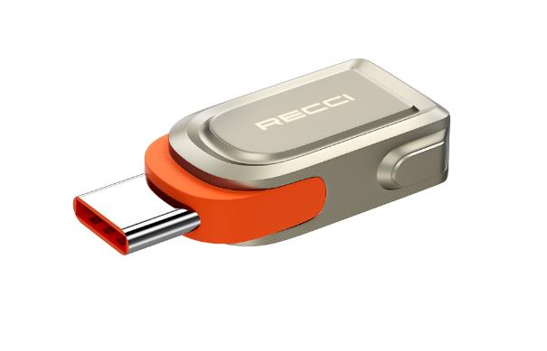 Metal OTG adapter with USB-C connector and blue USB port, orange side accent