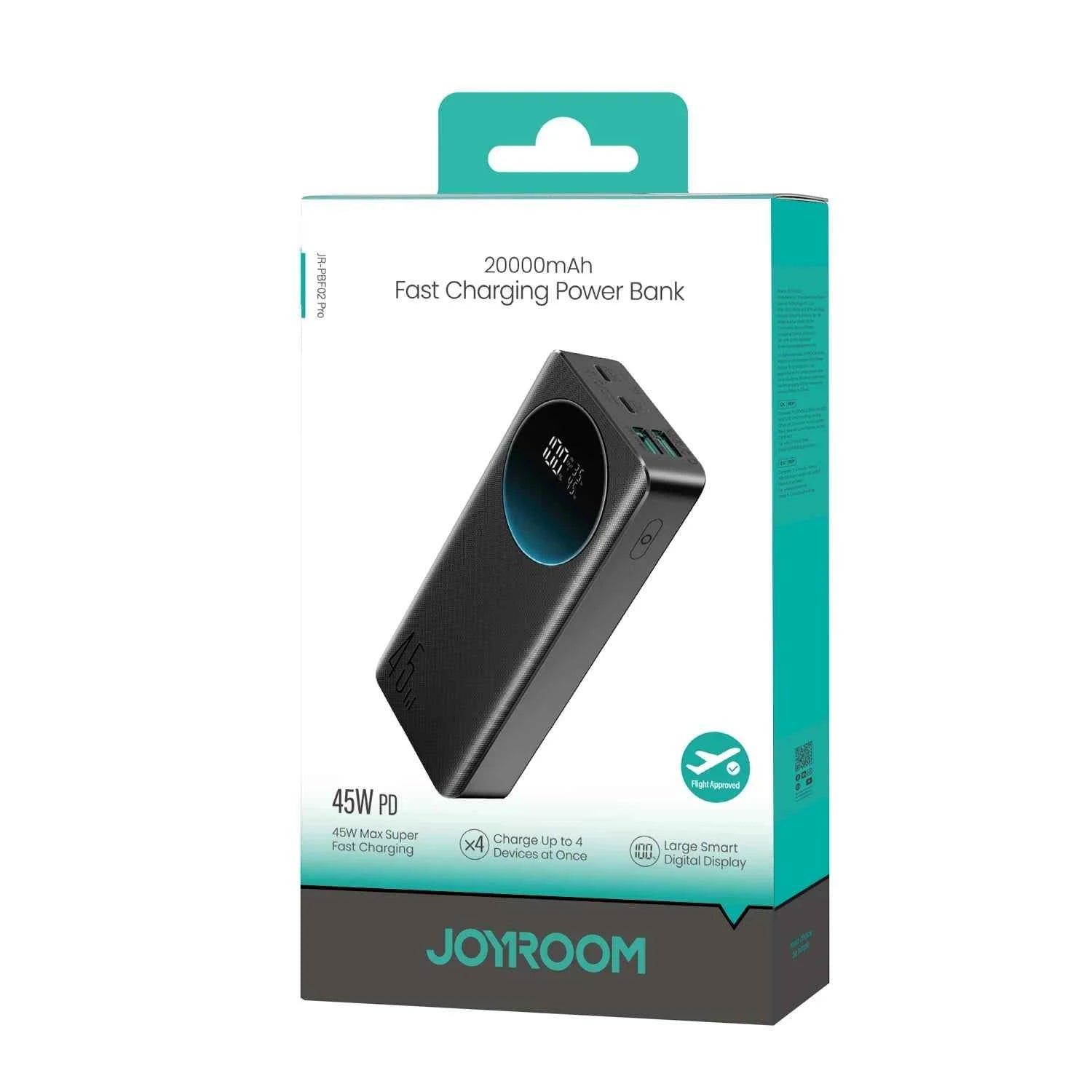 Joyroom 20000mAh fast charging power bank box, shows black power bank and 45W PD