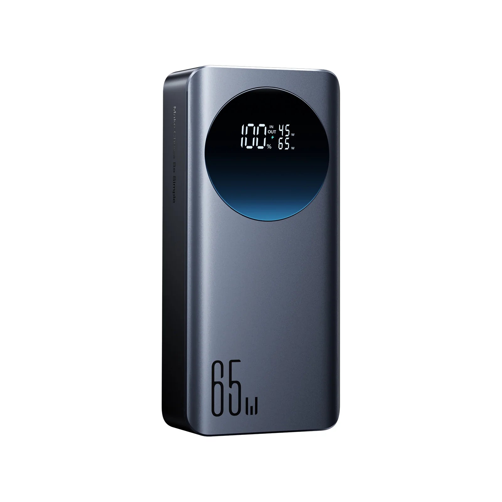 Compact power bank with circular digital display, dark blue-gray finish