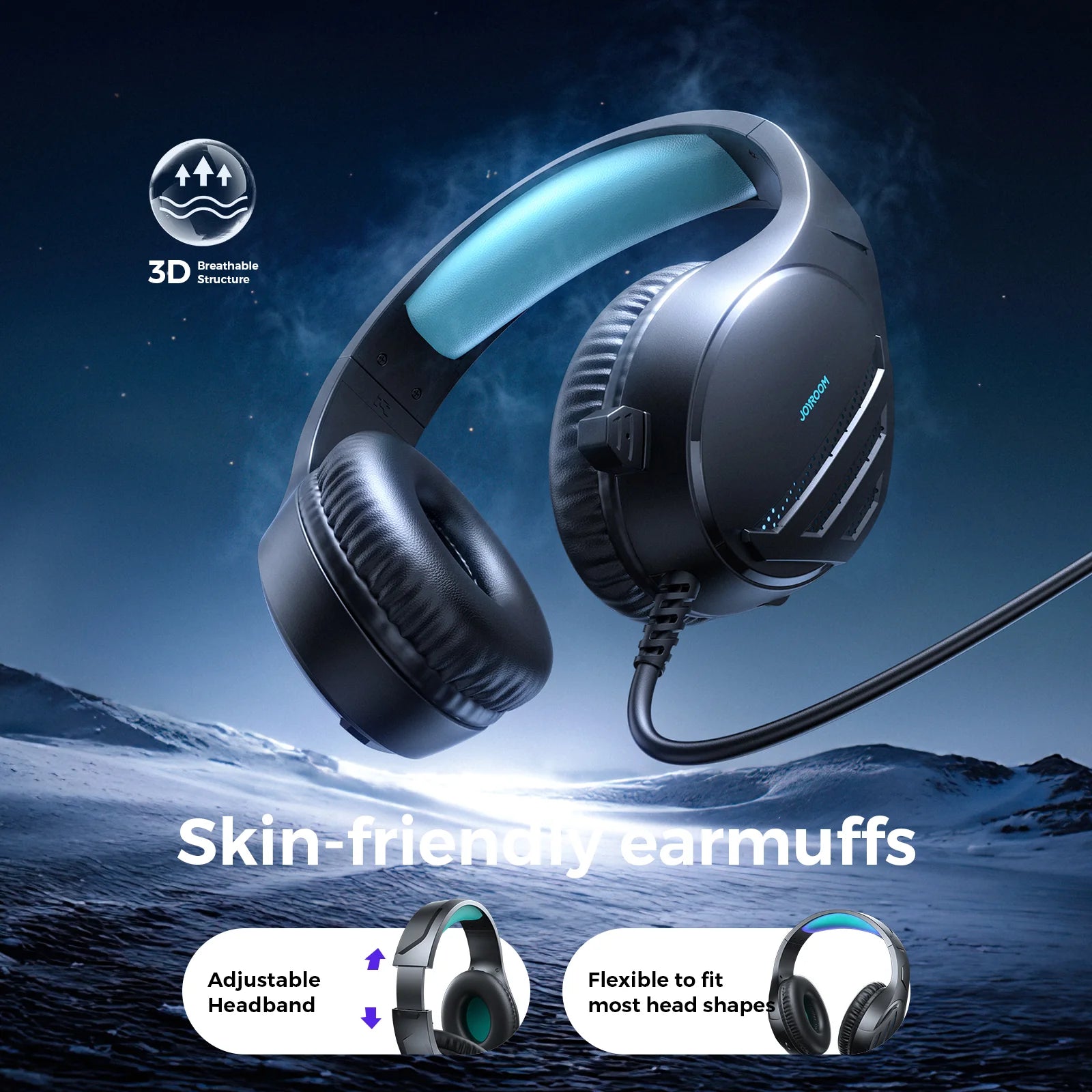 Black over-ear gaming headset with teal headband padding and blue LED trim