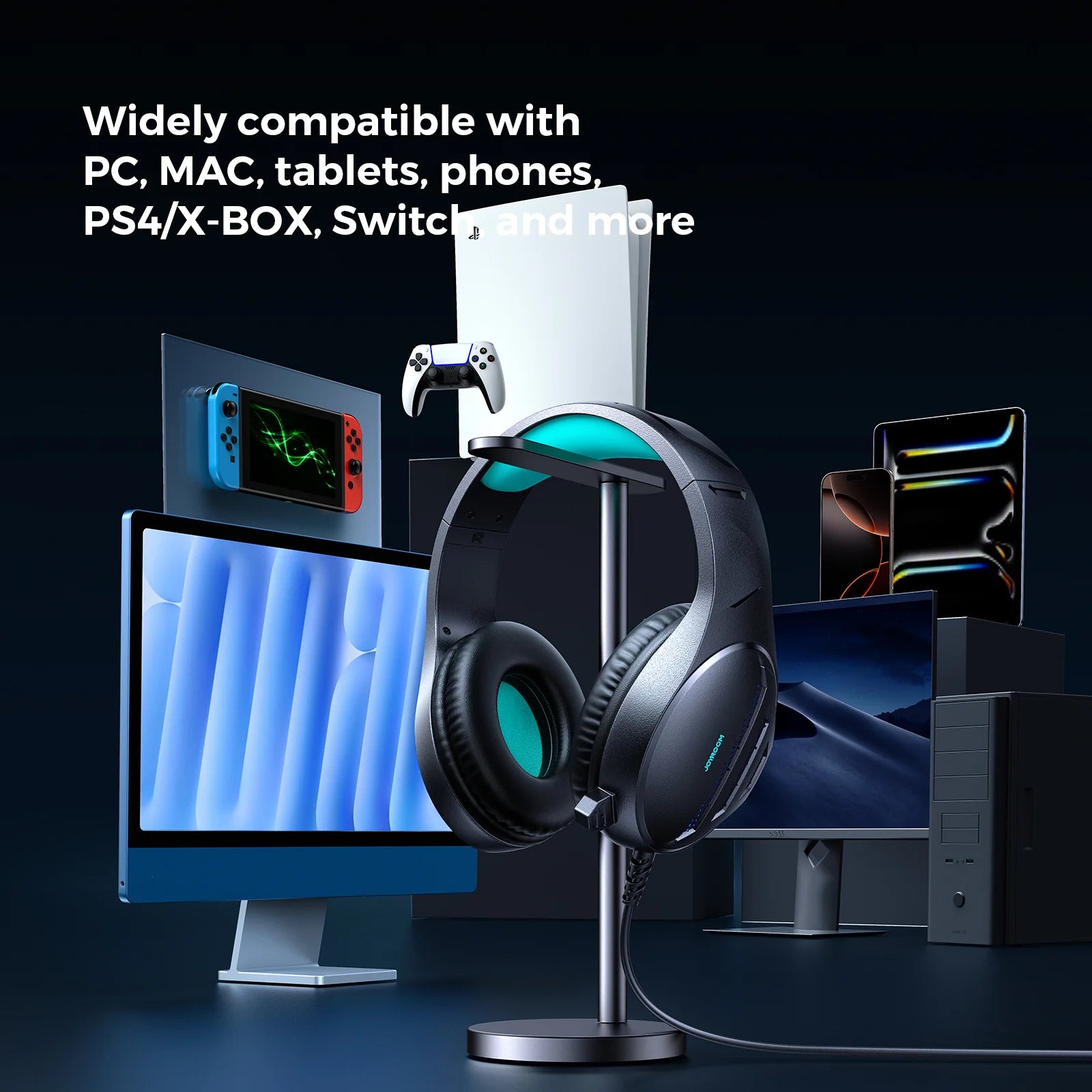 Black over-ear gaming headset on a stand with teal inner padding and blue LED earcups