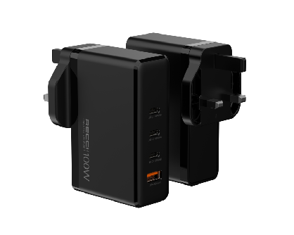 Black 100W GaN multi-port charger with folding plug and 4 USB ports