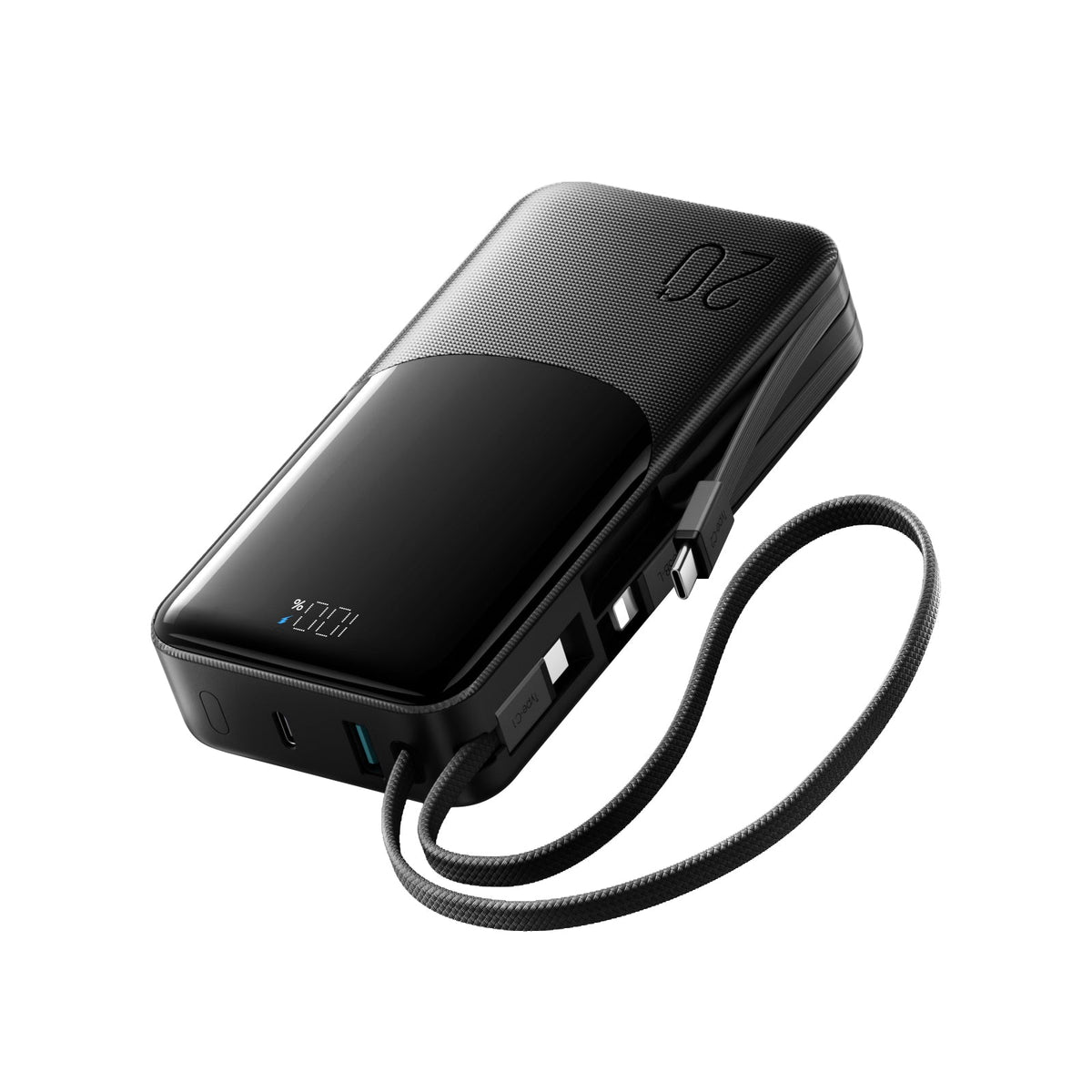 Black power bank with built-in cables, textured finish, and charging ports