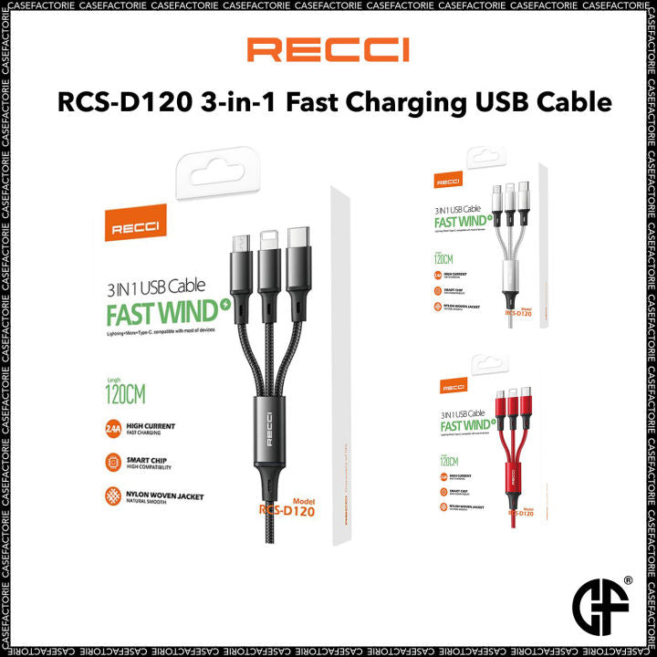 RCS-D120 3-in-1 fast charging USB cable bundle with three connector tips