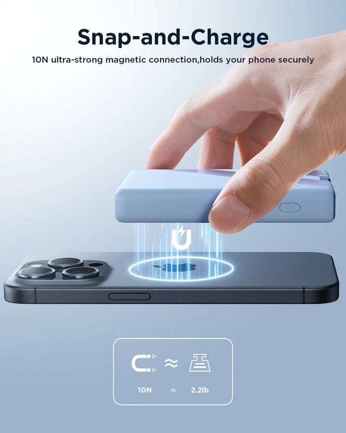 Blue power bank with kickstand raised; phone rests on it for viewing while charging