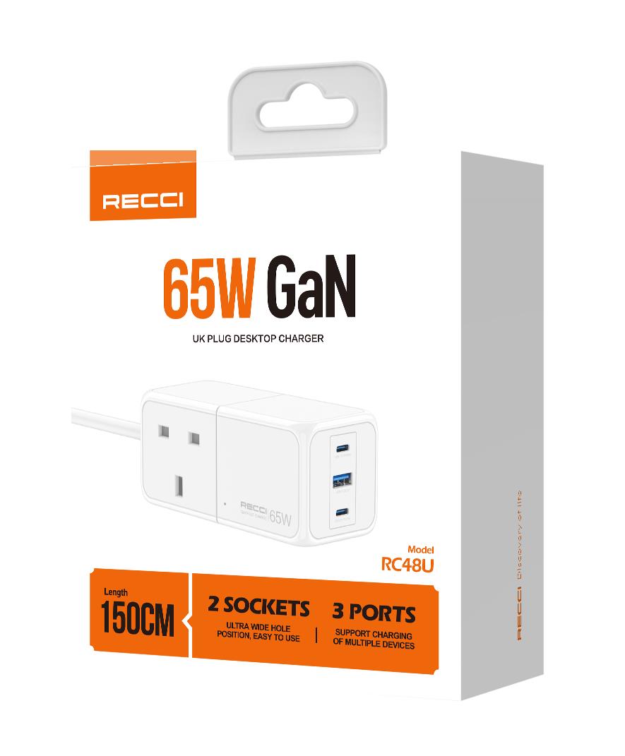 White 65W GaN UK plug desktop charger, model RC48U, 3 USB ports