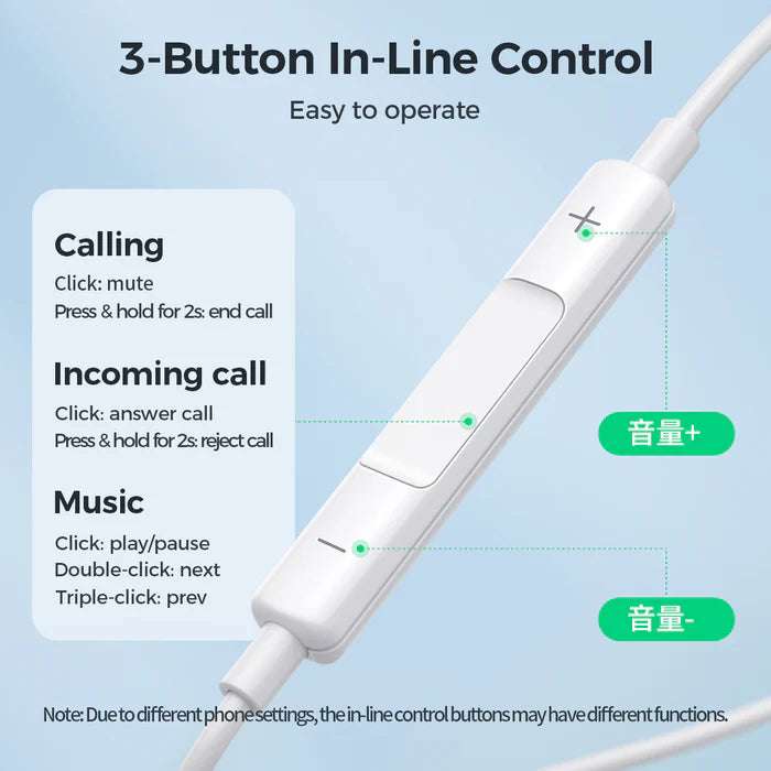 White wired inline control module with three buttons on earphone cable