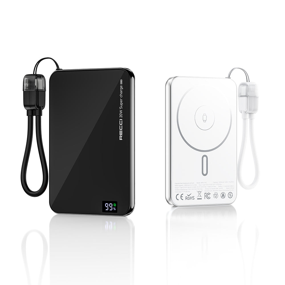 Ultra slim power banks in black and white, both with charging cables and LED display