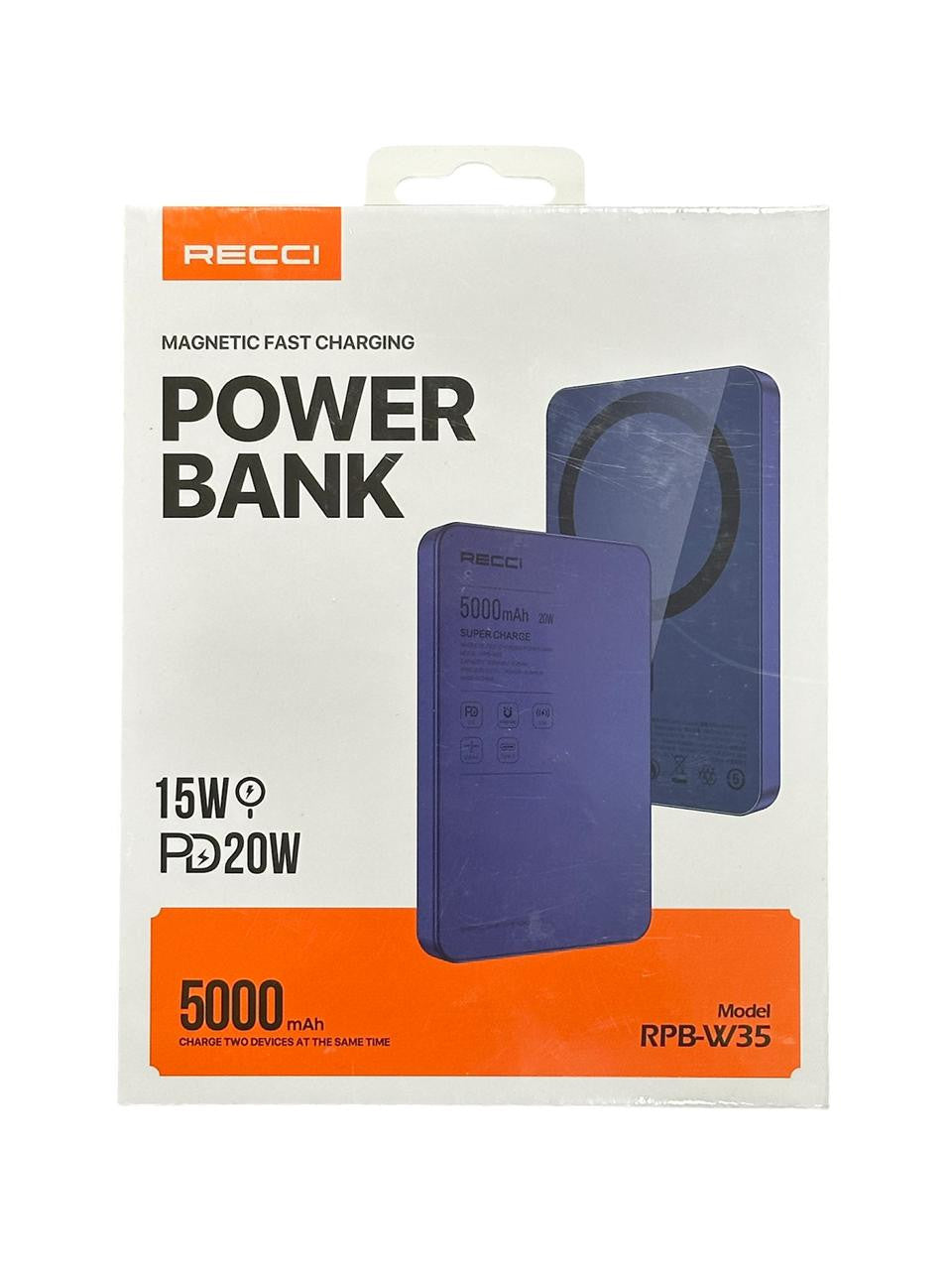 Blue magnetic power bank with wireless charging, on retail box packaging