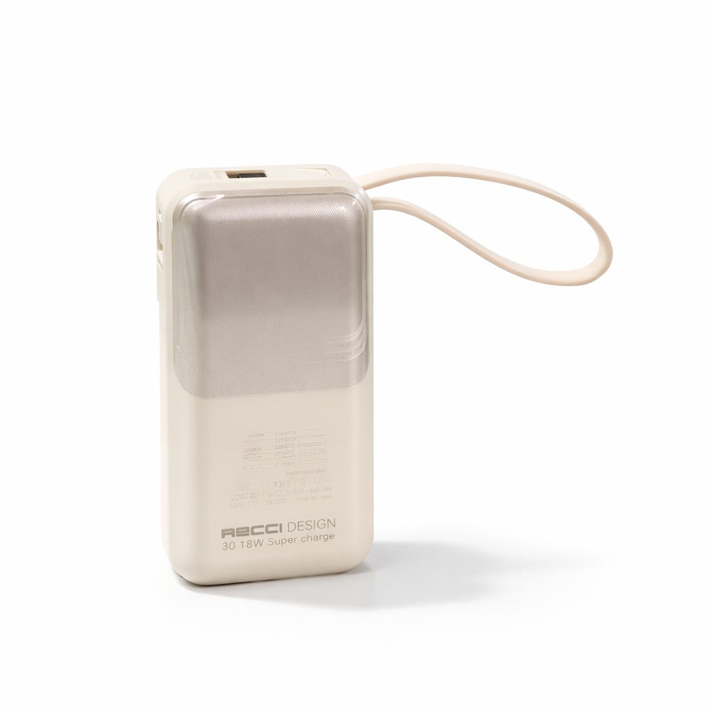 Recci power bank in light beige with built-in cable, rectangular design
