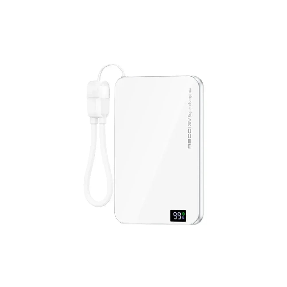 Ultra slim power bank, white, with cable and LED battery display
