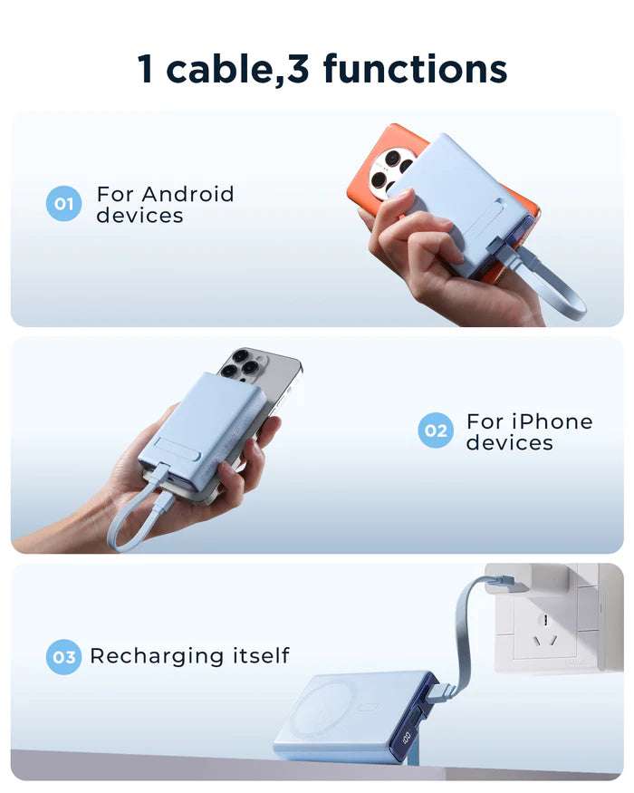 Built-in cable power bank with connectors for Android and iPhone devices