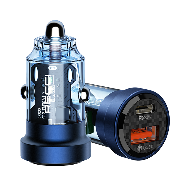 Blue car charger with transparent body and dual USB ports, QC 3.0