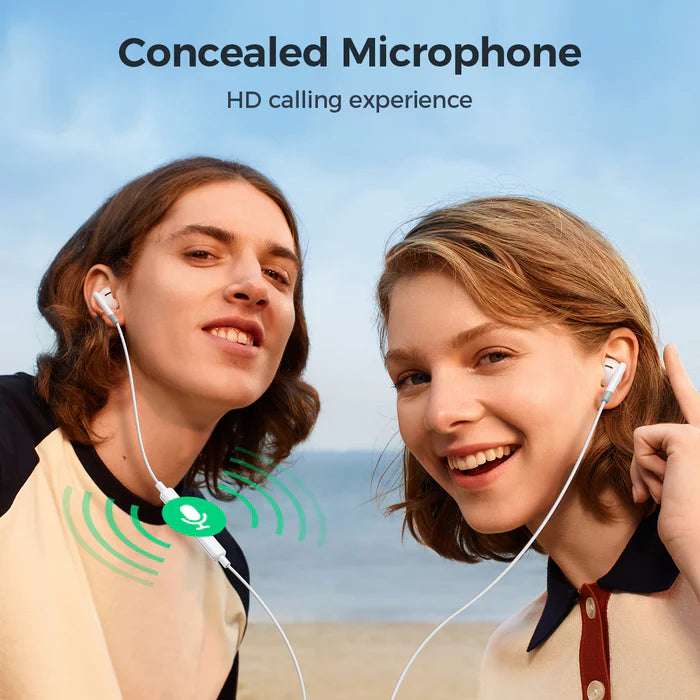 White half in-ear wired earphones with concealed mic near the ear for calling