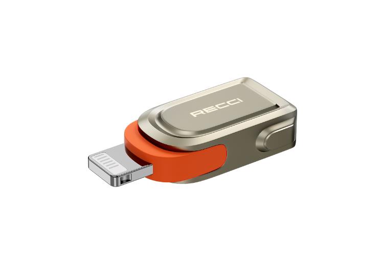 Orange and silver OTG USB 3.0 to Lightning adapter with compact connector body