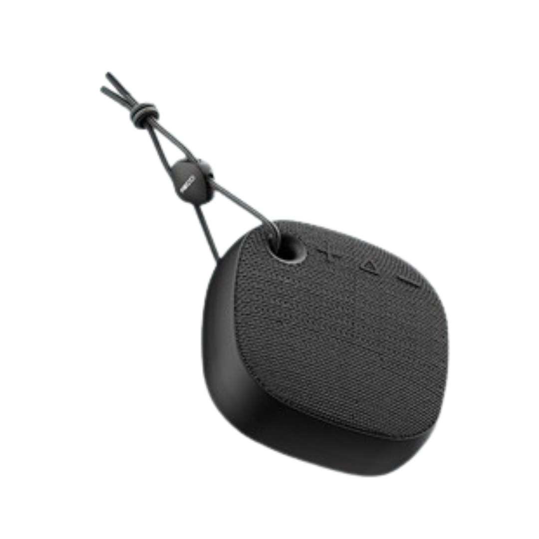 Black wireless speaker with hanging loop and fabric speaker grille