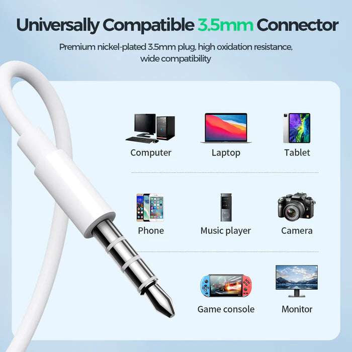 White 3.5mm audio plug on earphone cable with universal wired connection