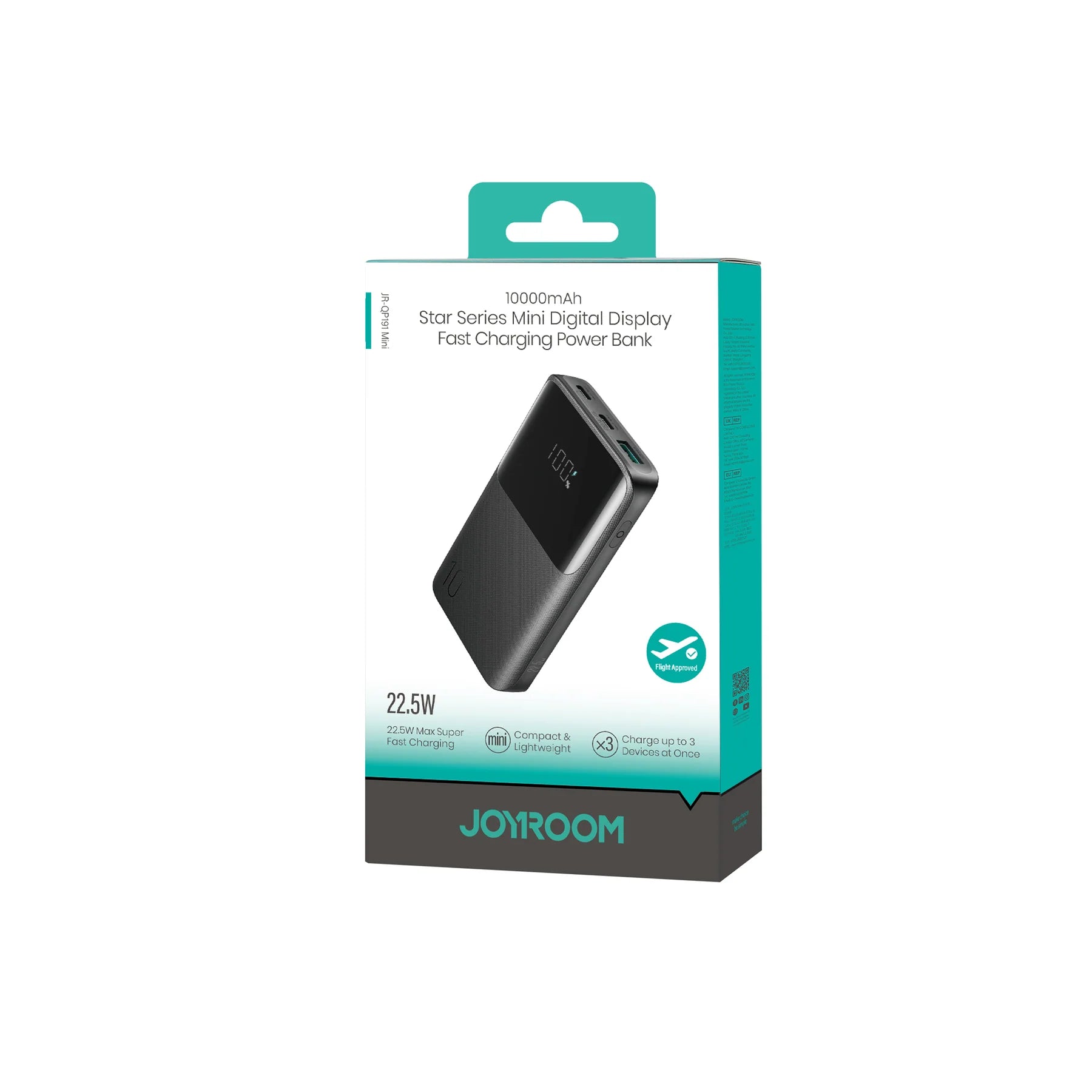 Joyroom mini power bank retail box with product image and teal design