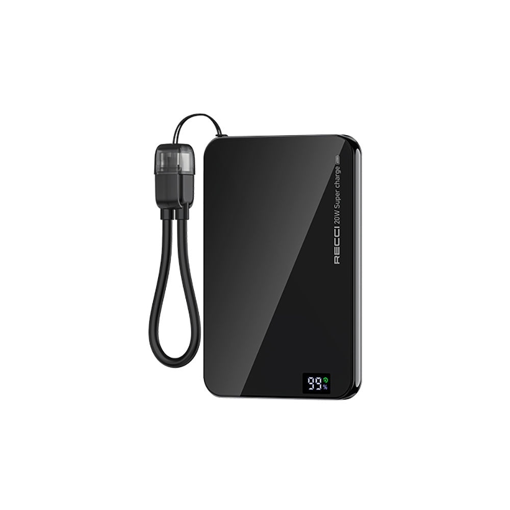 Ultra slim power bank, black, with attached cable and LED battery indicator