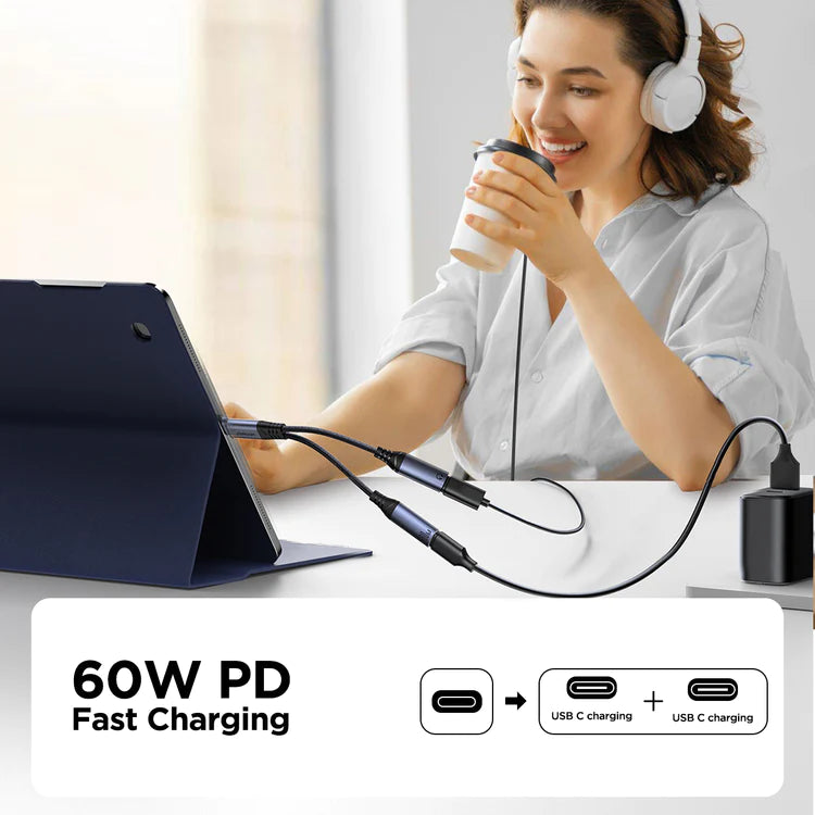 Black-and-silver 2-in-1 Type-C audio adapter with dual Type-C ports
